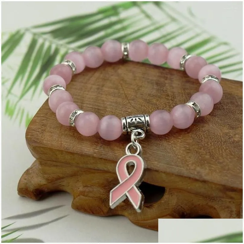 charm bracelets 2022 breast cancer awareness pink cat eye bead adjustable bracelet women october ribbon gift jewelry prl015 3pcs