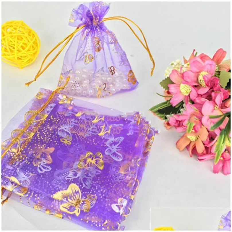 gift wrap 100pcs 10x12cm butterfly design organza transparent chiffon jewelry bags tulle fabric wedding bag