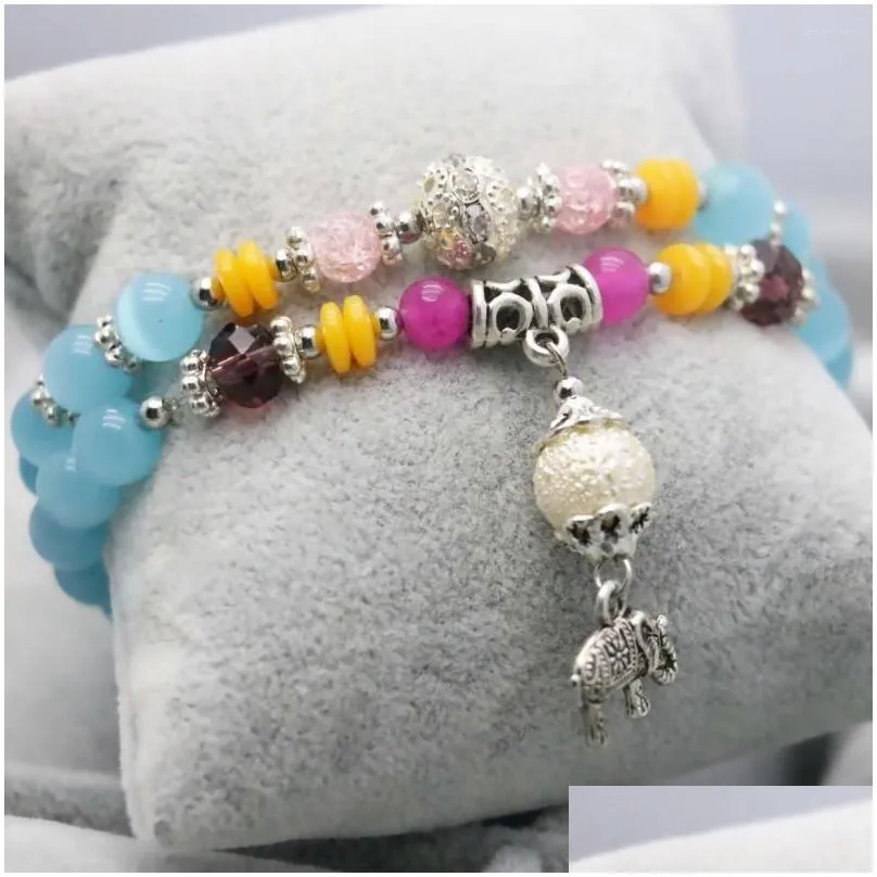 charm bracelets  tibet silvercolor elephant pendant blue cat eyes opal chalcedony beads bracelet hand chain for women girls