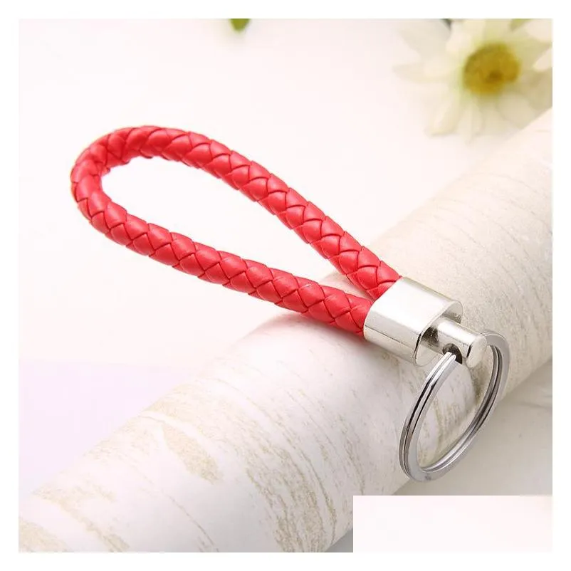 30 color pu leather braided woven keychain rope rings fit diy circle pendant key chains holder car keyrings jewelry accessories in