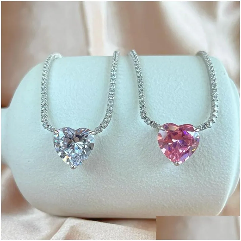 fashion tennis heart necklace designer 925 sterling silver chain pink white 5a cubic zirconia diamond necklace woman chokers luxury jewelry with gift