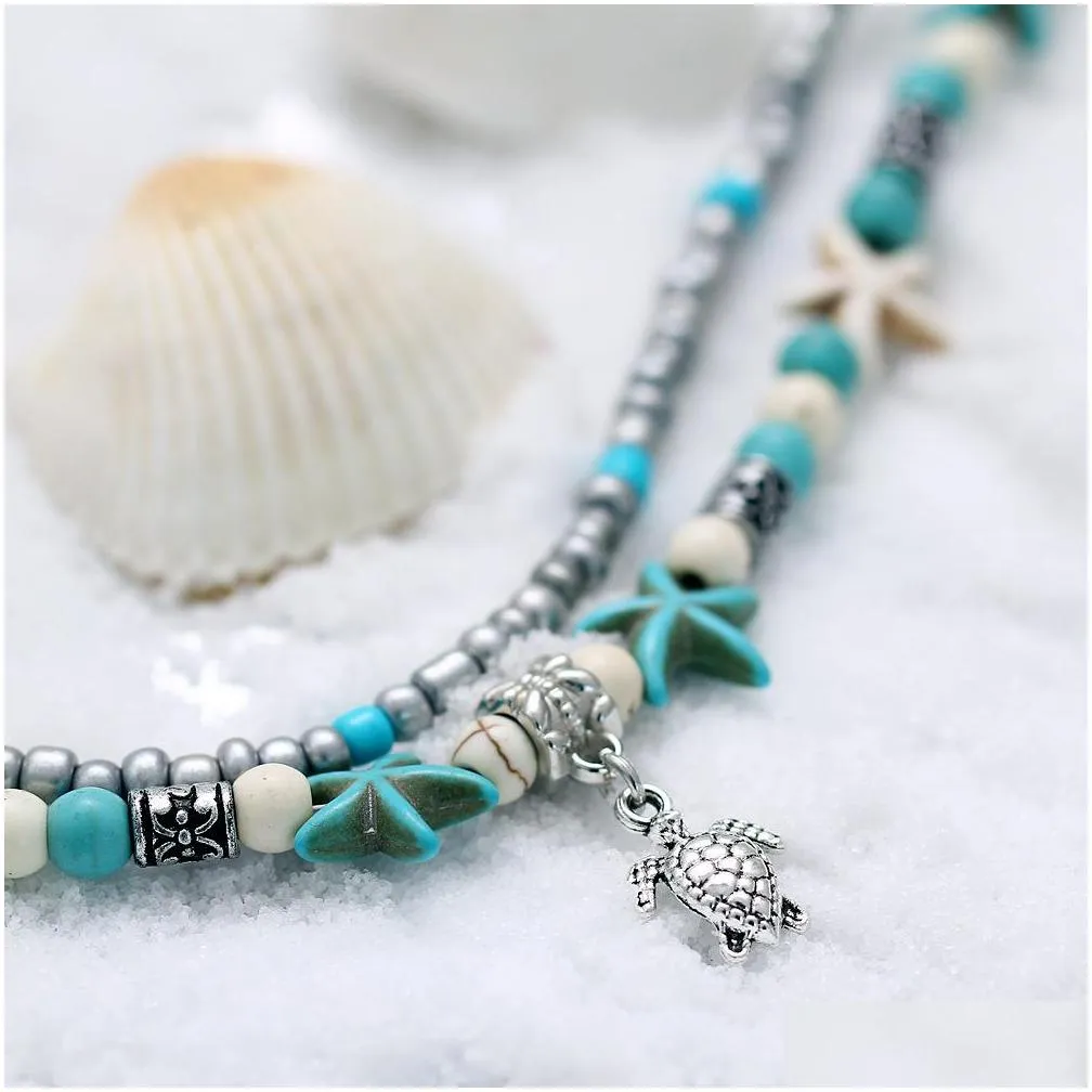  bohemian turquoise anklets bracelets retro elephant turtle starfish tree of life owl heart women beach foot chain for ladies