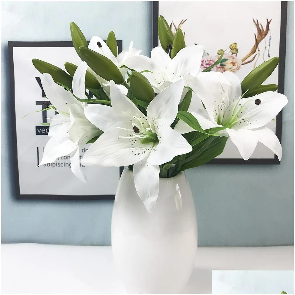 decorative flowers wreaths 5pc silicone artificial flower 3 heads lily bud with long rod bouquet for wedding home party el
