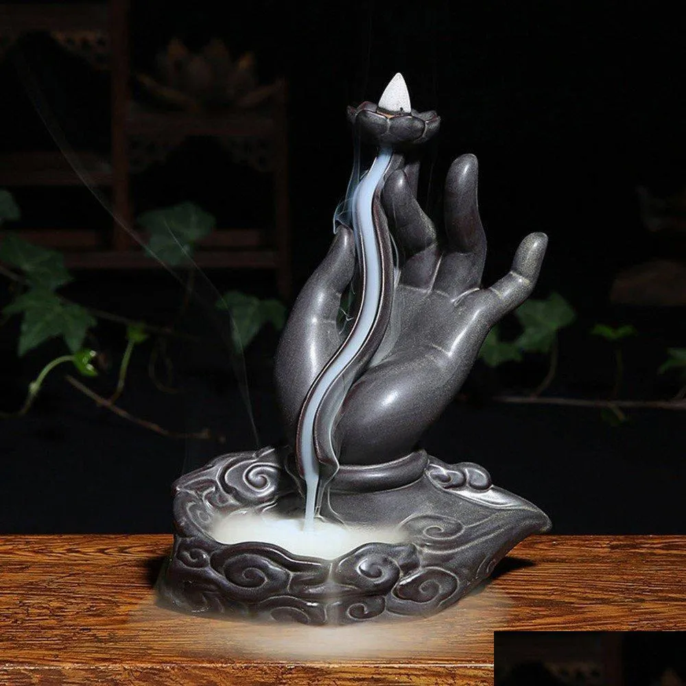 buddha hand lotus incense burner smoke backflow sandalwood stove tower censer down stream back