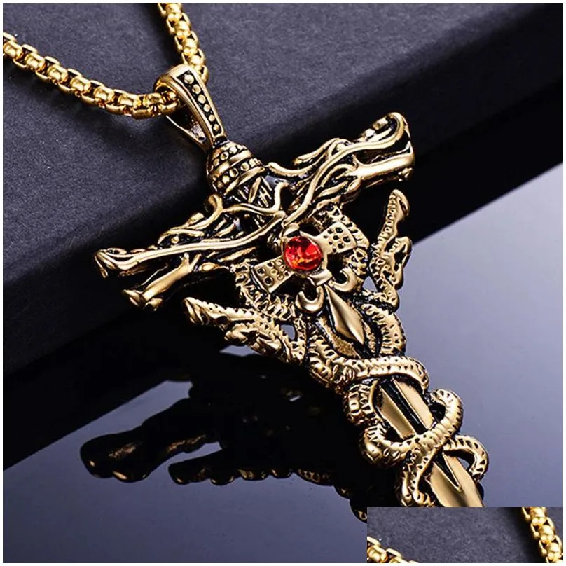 retro cross mens necklace 316l stainless steel 18k gold plated mens red rhinestone setting pendant jewelry