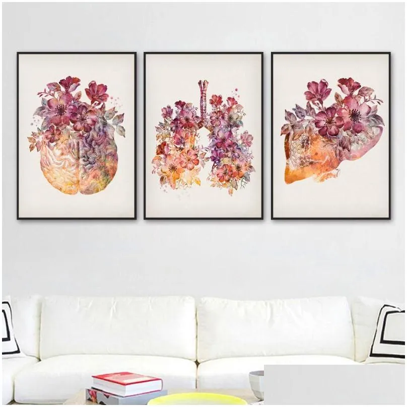 paintings anatomy internal organs flowers heart brain lungs nordic poster wall art print canvas painting decor pictures for living