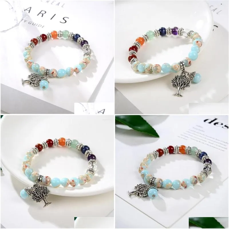 charm bracelets boho women bracelet 8mm imperial japsers charms elastic natural stone 7 chakra energy yoga jewelry wholesale 18cm b407