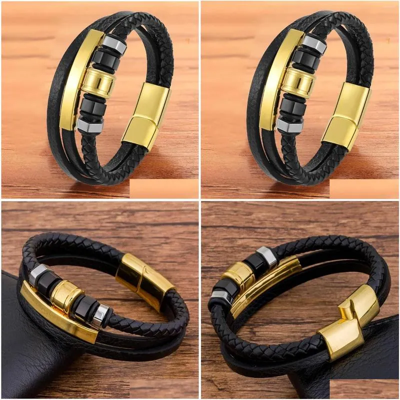 charm bracelets tyo multilayer braided geometric men leather bracelet stainless steel magnet clasp bangles jewelry wholesale drop