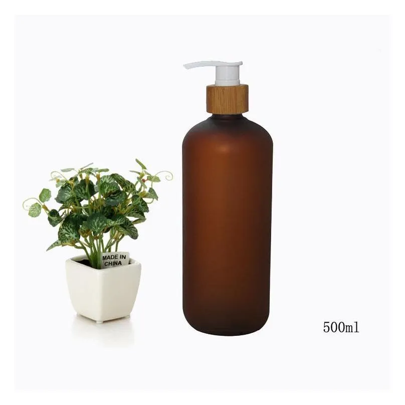 storage bottles jars 500ml 10/20pcs frosted amber plastic cosmetic emulsion lotion pump bottle bamboo head shampoo shower gel packing