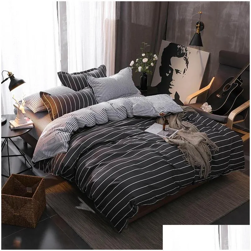 simple stripes bedding set boy students gray duvet cover set twin full queen king size active printing 3/4pcs fashion bedclothes