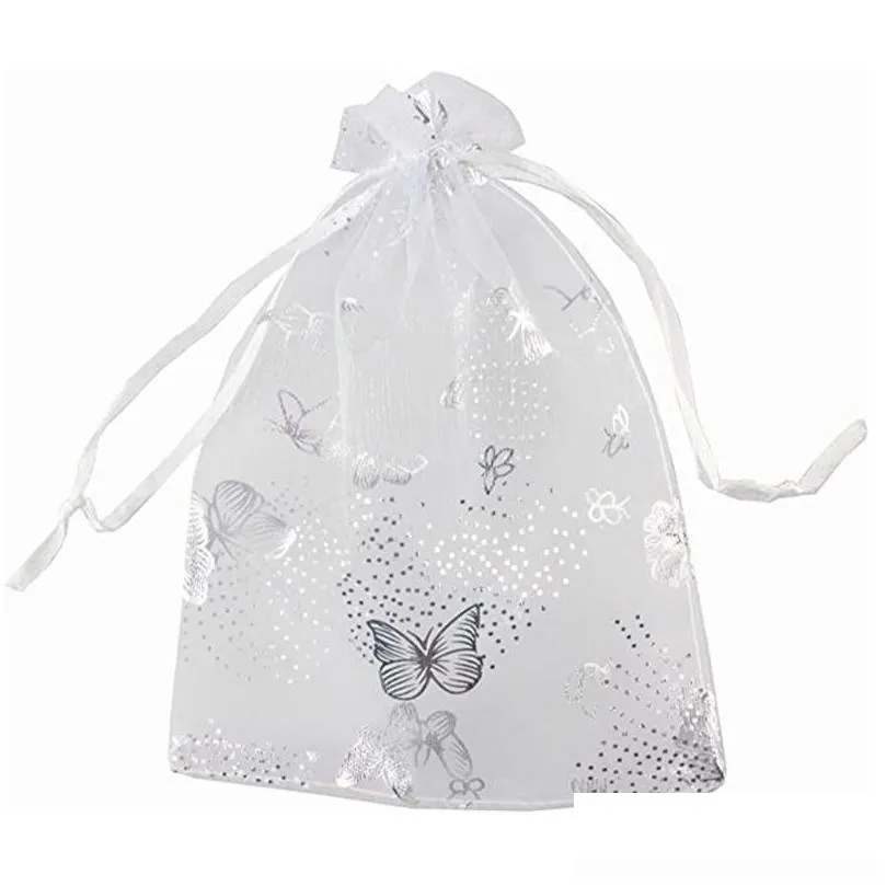 gift wrap 100pcs 10x12cm butterfly design organza transparent chiffon jewelry bags tulle fabric wedding bag