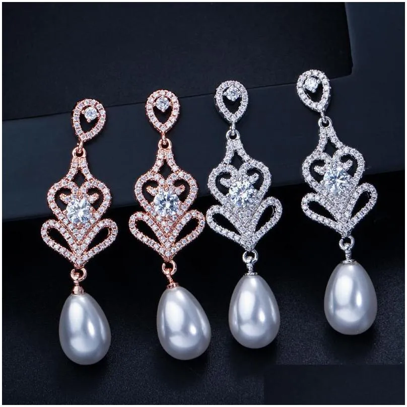 luxury s925 sterling silver post bride wedding charm earrings designer aaa cubic zirconia pearl copper jewelry rose gold silver earring for women party friend