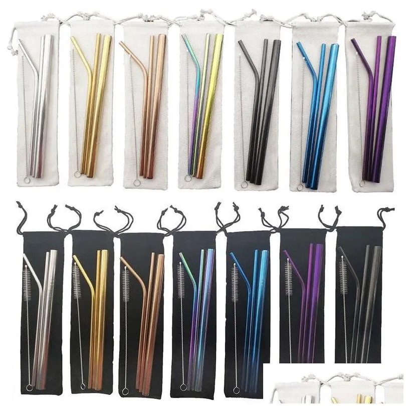 drinking straws 5pcs 304 stainless steel environmentally friendly reusable straw set highquality with cleaning brush and bag