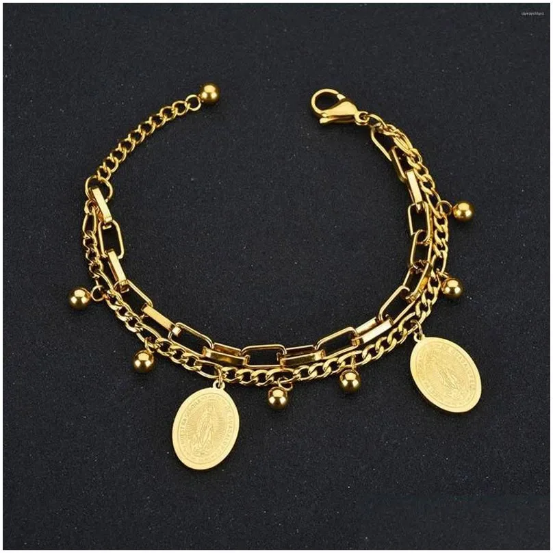 charm bracelets 1 pc 304 stainless steel gold color double layer virgin mary round card bracelet tree of life pendant 17cm