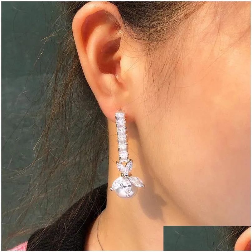 luxury long stud charm flowers bridal earrings for wedding diamond silver designer earring for woman imitation pearl aaa cubic zirconia womens engagement