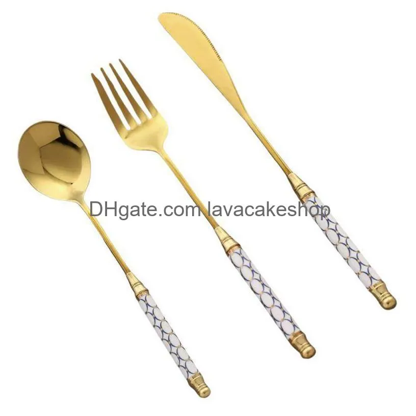 kitchen goldplated cutlery set dessert forks knives spoons elegant design ceramic dinnerware for home restaurant canteen 220228