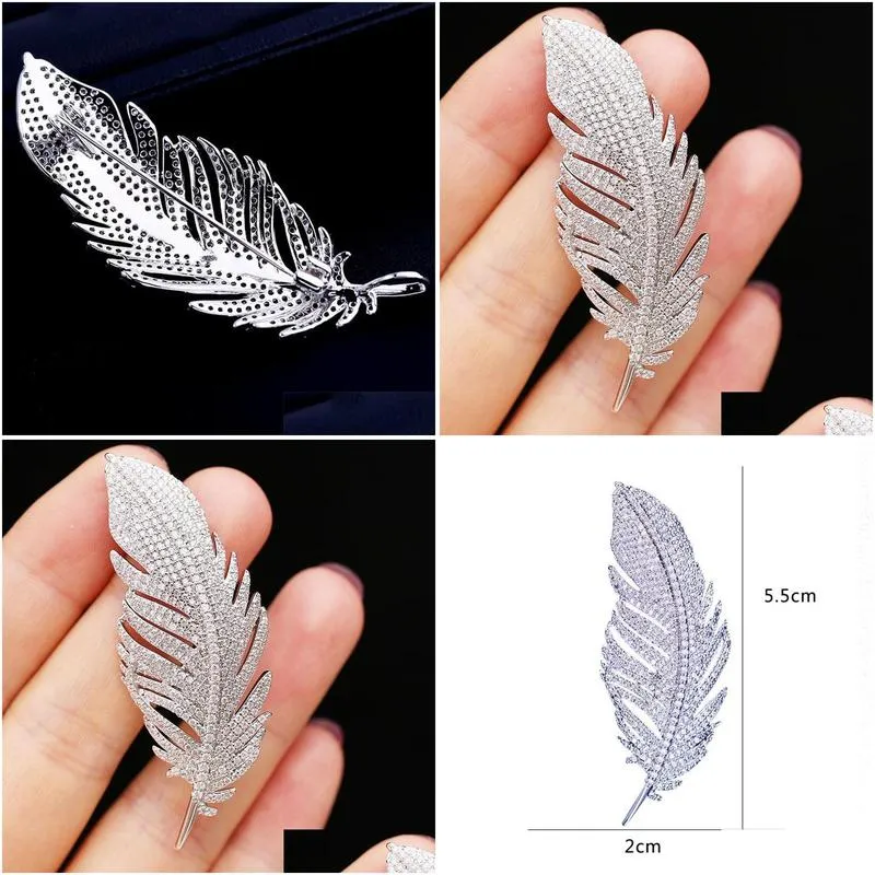 pins brooches white crystal large feather for women rhinestone wedding bouquet jewelry beautiful pins gift broche femme bijoux de lux
