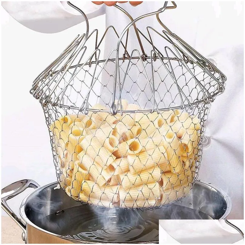 multifunction 201 foldable steam rinse strain fried basket strainer net kitchen tools cooking dry fruit basket