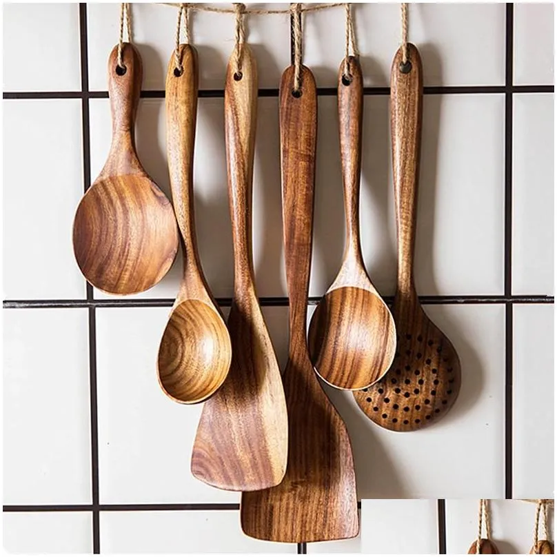 teak natural wood tableware spoon ladle turner long rice colander soup skimmer cooking spoons scoop kitchen tool set