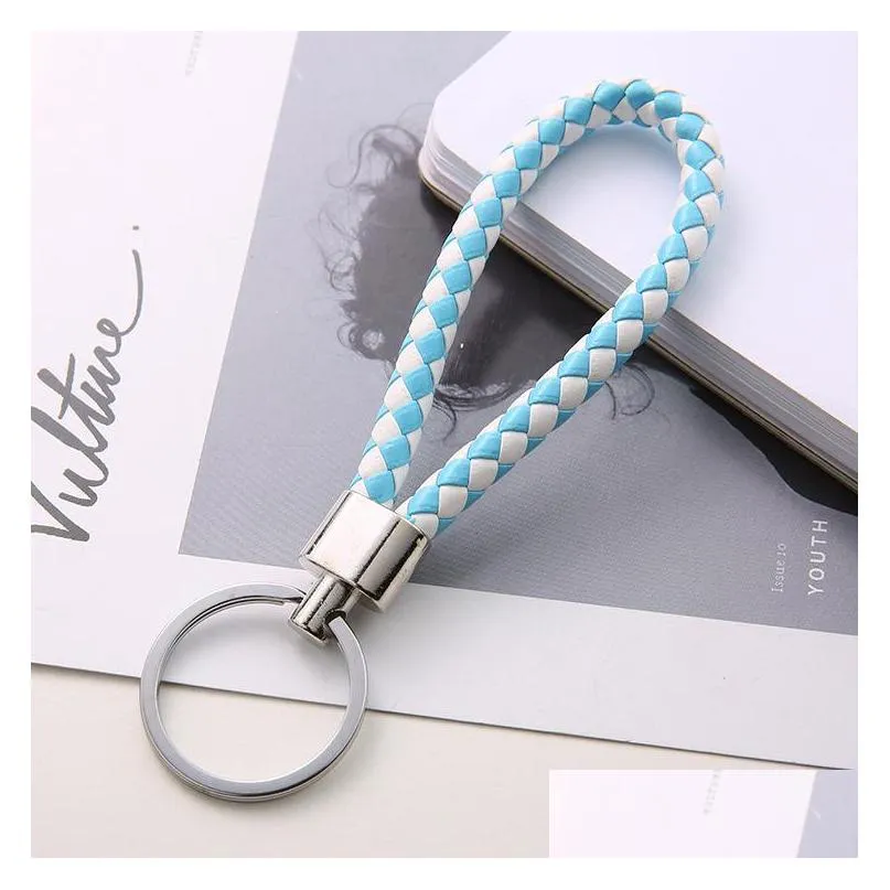 30 color pu leather braided woven keychain rope rings fit diy circle pendant key chains holder car keyrings jewelry accessories in