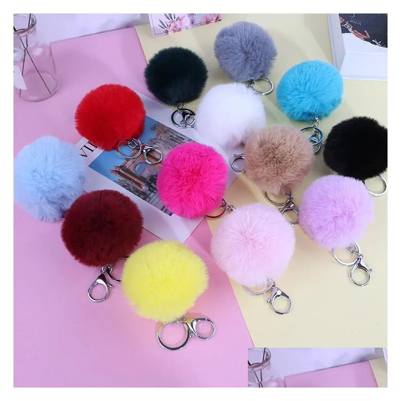 15 colors 8cm fluffy faux rabbit fur ball keychains women girls car school bag key ring cute pompom key chain jewelry accessories