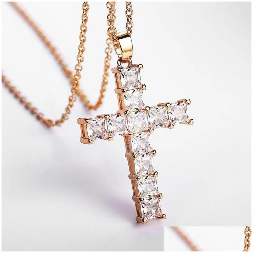 diamond stone cross pendants necklace jewelry platinum plated men women lover gift couple religious jewelry