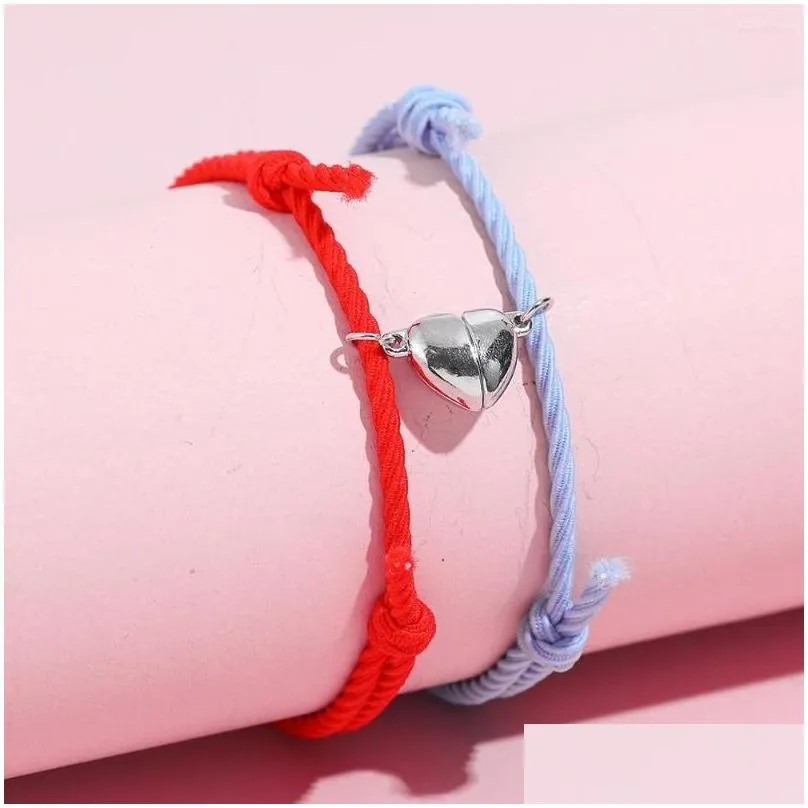 charm bracelets 2pcs/set fashion love heart magnetic couple for women men adjustable knot rope chain bracelet lover friendship gift