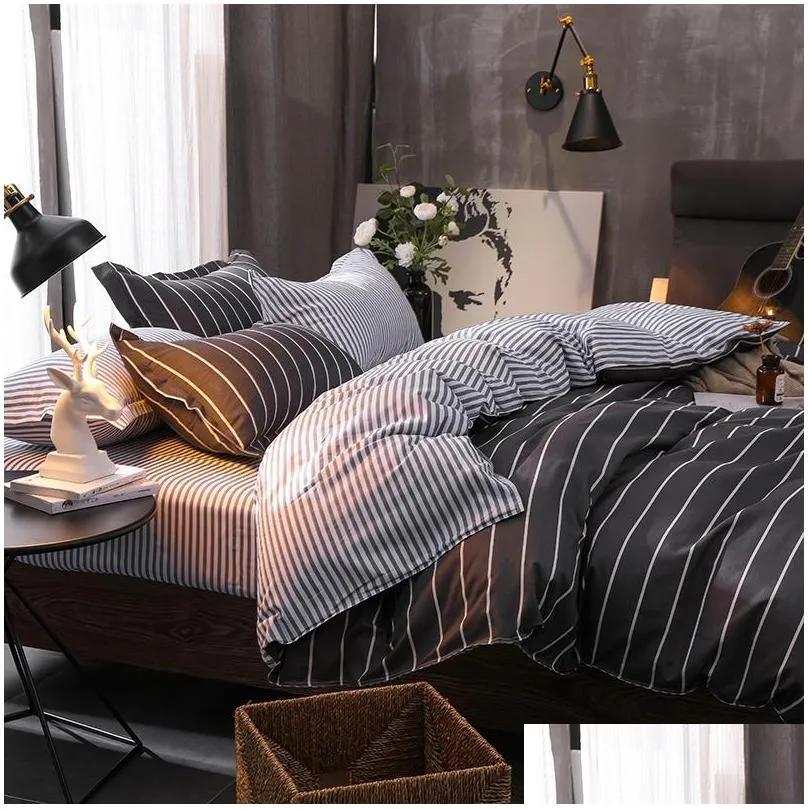 simple stripes bedding set boy students gray duvet cover set twin full queen king size active printing 3/4pcs fashion bedclothes