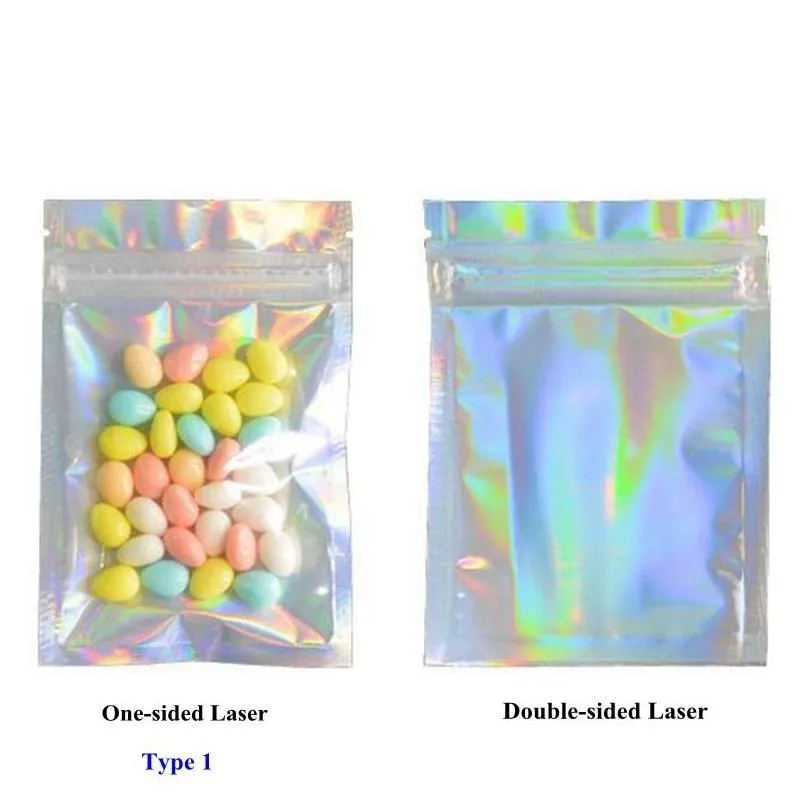 resealable plastic retail foodgrade packaging bags holographic aluminum foil pouch smell proof mylar bag for food storage 2types laser packing