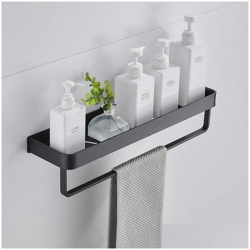black aluminum towel shelf bathroom storage rack wallmounted tray vanity shower caddy spice organizer 30/40/50cm hooks rails