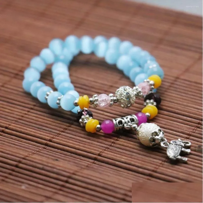 charm bracelets  tibet silvercolor elephant pendant blue cat eyes opal chalcedony beads bracelet hand chain for women girls