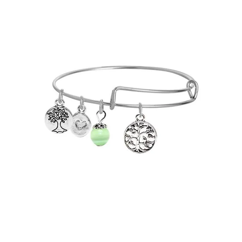 korea fashion diy tree of life wire bracelets for women and girls silver plated happy tree charms alloy bangles with green crystal