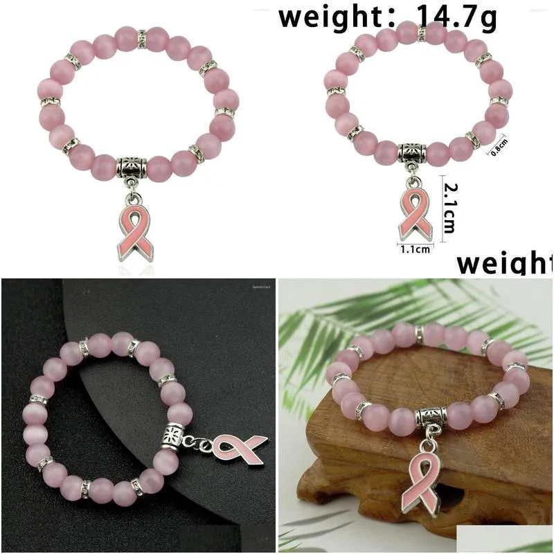 charm bracelets 2022 breast cancer awareness pink cat eye bead adjustable bracelet women october ribbon gift jewelry prl015 3pcs