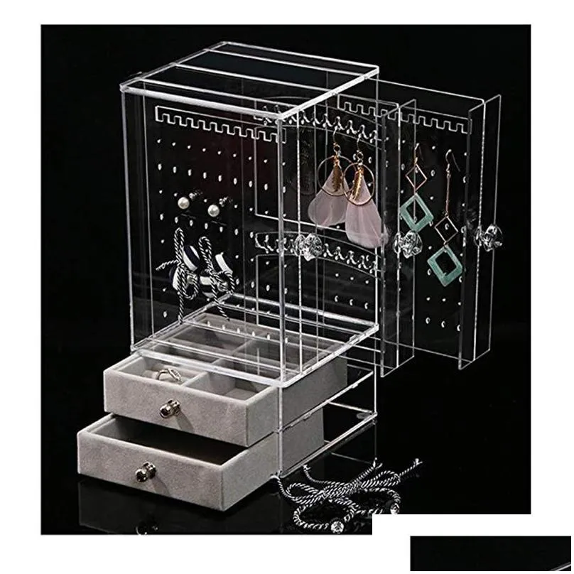 clear acrylic jewelry organizer storage box display stand for girls gift women earring ring box rack with drawer bracelet hanger