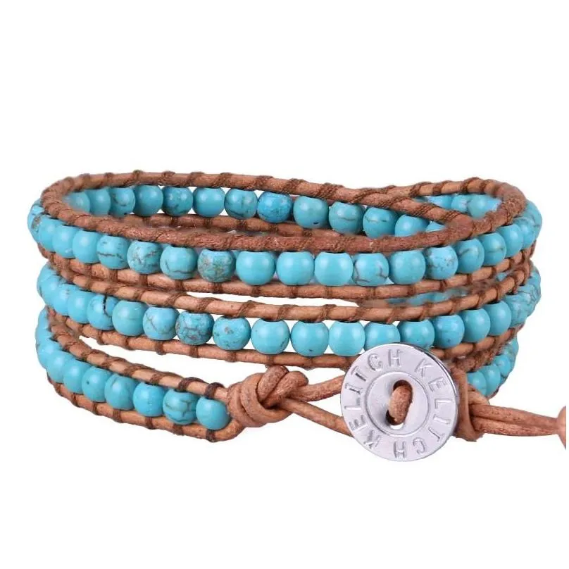 charm bracelets kelitch stone beads strand women gift leather 3 wrap bracelet bangles chains fashion handmade jewelry gifts