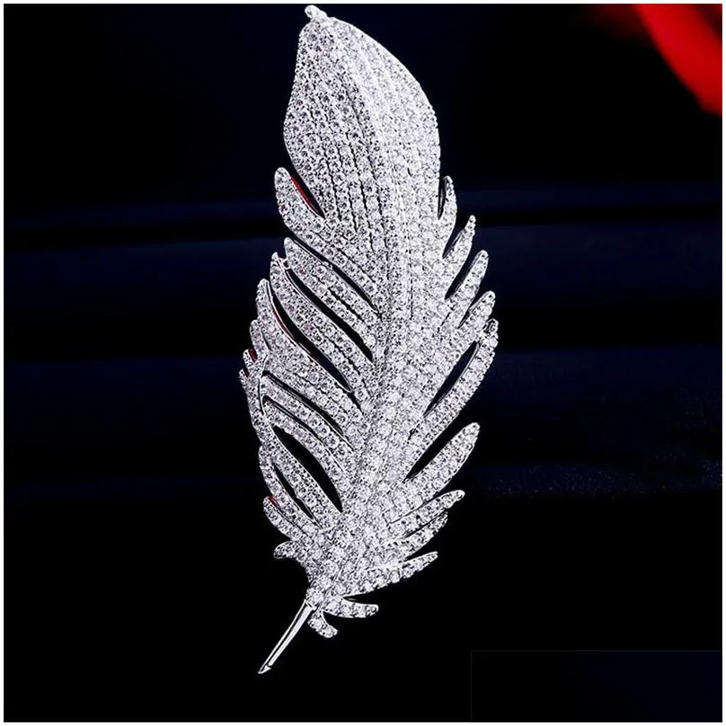 pins brooches white crystal large feather for women rhinestone wedding bouquet jewelry beautiful pins gift broche femme bijoux de lux