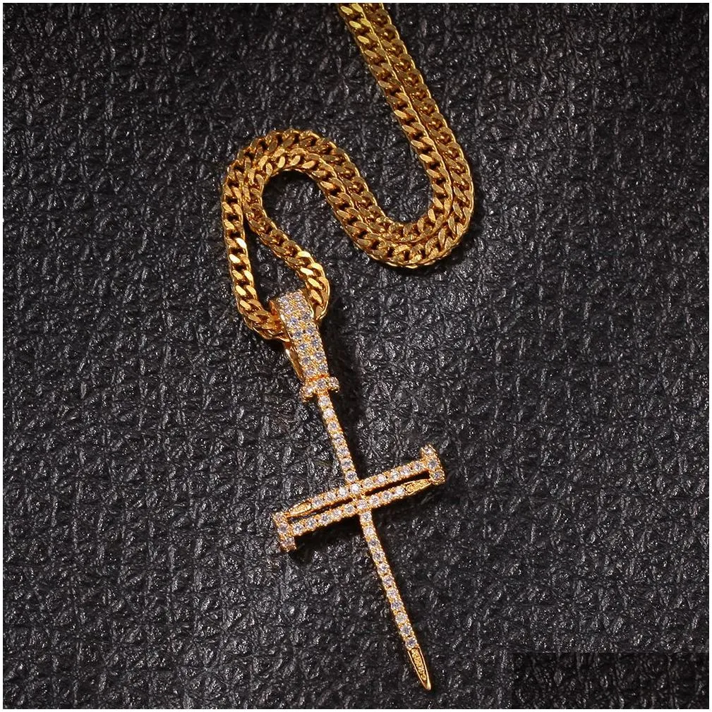 hip hop nail cross pendant necklace bling religious jewelry full cubic zirconia 18k real gold plated