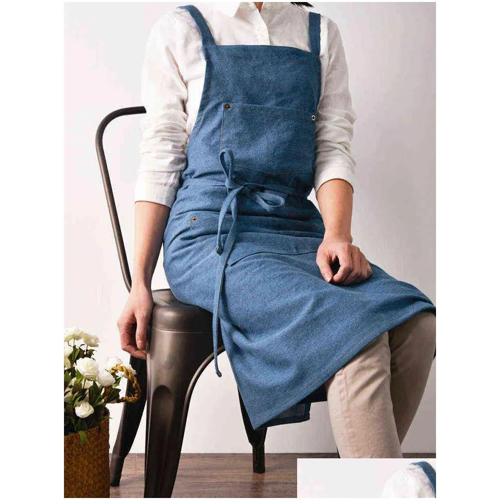 uniform lady dress denim apron for woman cotton fabric garden kitchen baking cooking aprons household cleaning accessories y220426
