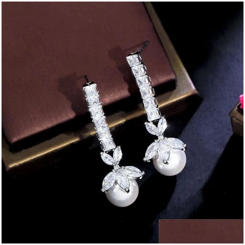 luxury long stud charm flowers bridal earrings for wedding diamond silver designer earring for woman imitation pearl aaa cubic zirconia womens engagement