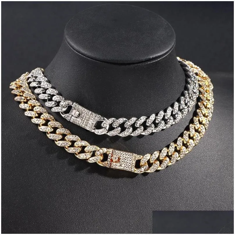 chains bling crystal cuban link chain choker necklaces for women men iced out hip hop rapper paved rhinestones necklace punk