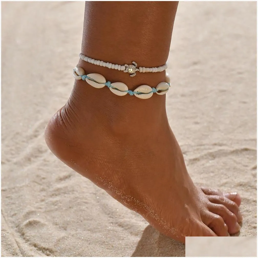 bohemian shell heart summer anklets set for women tortoise ankle bracelets girls barefoot on leg chain female jewelry gift