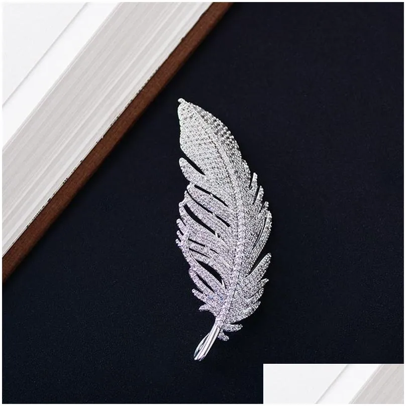 pins brooches white crystal large feather for women rhinestone wedding bouquet jewelry beautiful pins gift broche femme bijoux de lux