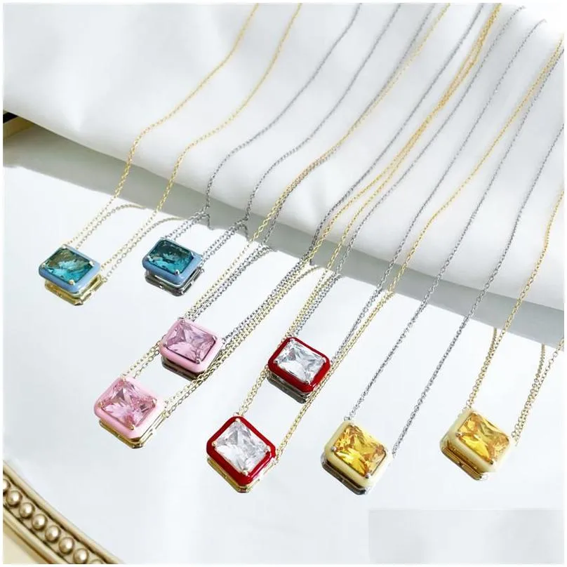 candy color 925 sterling silver jewelry woman necklace heart circle square zirconia gold necklace designer white pink diamond necklaces choker teen girls with