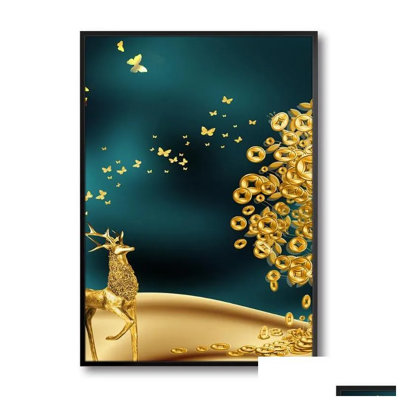 paintings golden art deer money tree wall picture islamic no frame abstract moon canvas printing poster still life