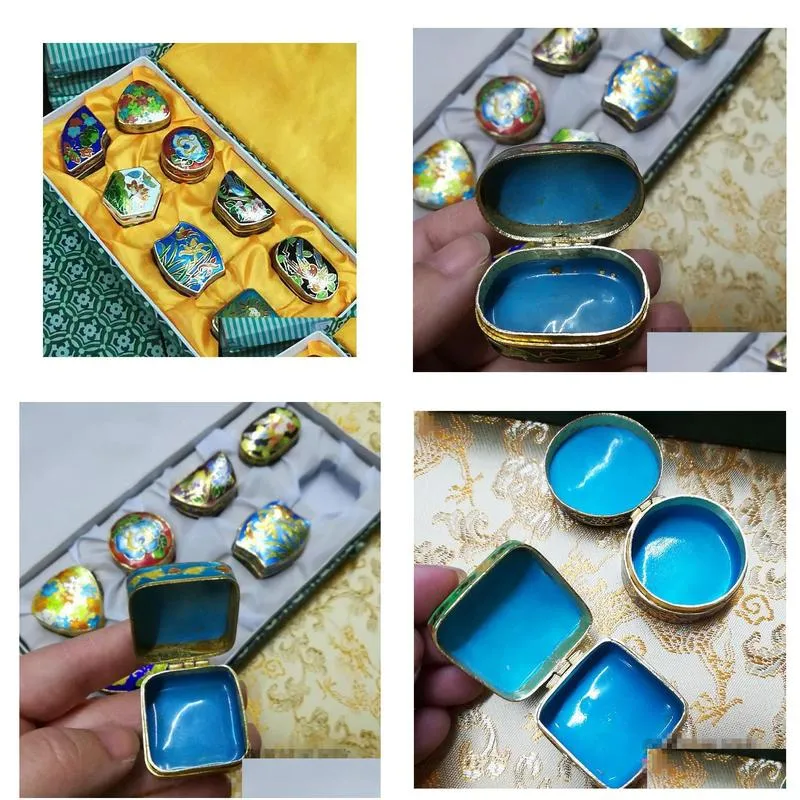 wholesale chinese old beijing cloisonne jewelry box box copper tire enamel 1 set 8pcs