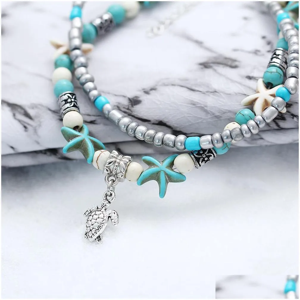  bohemian turquoise anklets bracelets retro elephant turtle starfish tree of life owl heart women beach foot chain for ladies