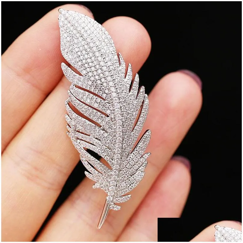 pins brooches white crystal large feather for women rhinestone wedding bouquet jewelry beautiful pins gift broche femme bijoux de lux