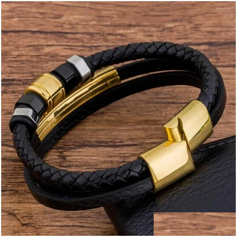 charm bracelets tyo multilayer braided geometric men leather bracelet stainless steel magnet clasp bangles jewelry wholesale drop