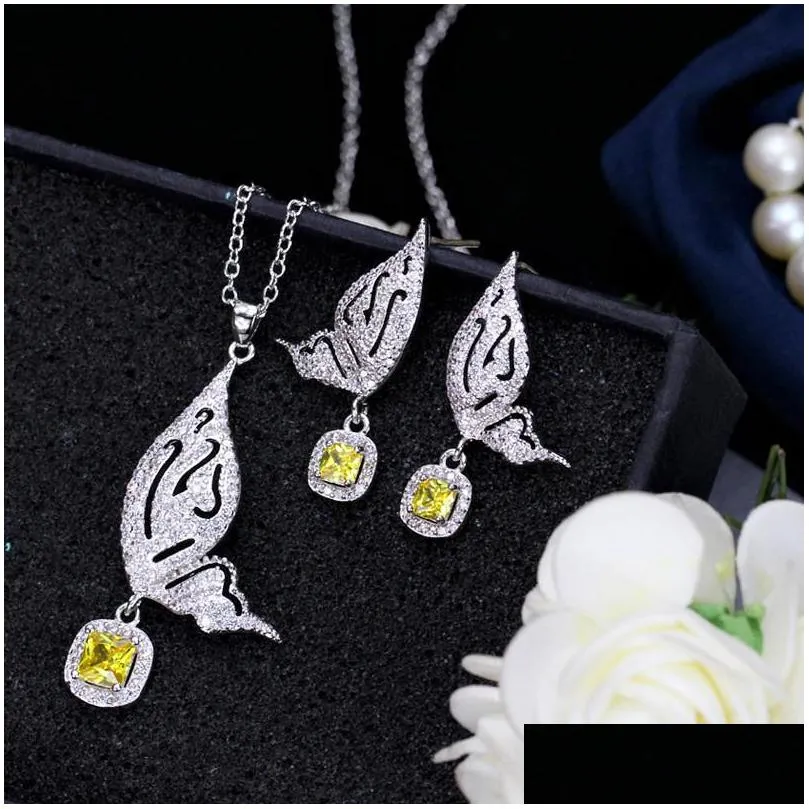 fashion wedding designer jewelry set butterfly necklace earring african jewelry sets yellow blue aaa cubic zirconia woman bridesmaid diamond earrings