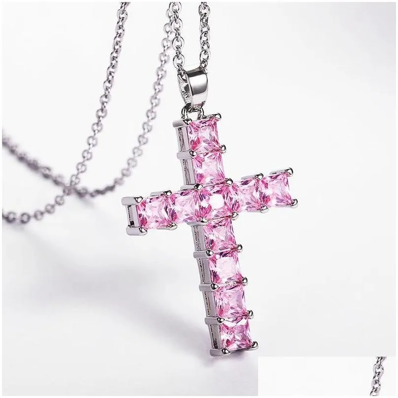 diamond stone cross pendants necklace jewelry platinum plated men women lover gift couple religious jewelry